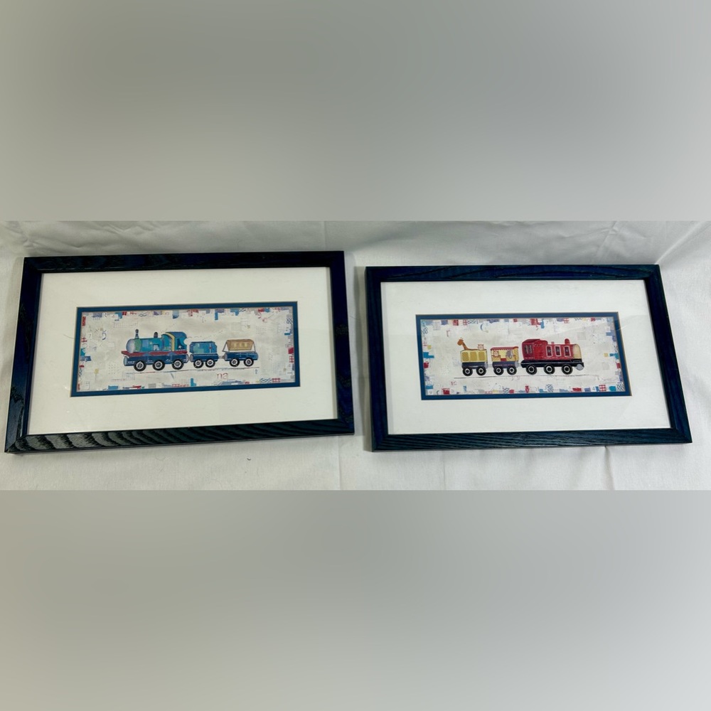 2 Framed Primary Color Construction/Train/Circus Art, Kid’s Room, each 15”x9”
